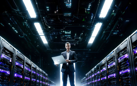 Businessman with laptop in data center. Mixed media. Mixed mediaの素材