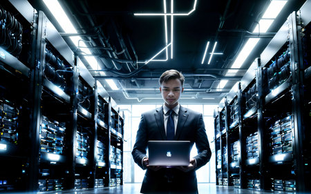 Young businessman in datacenter server room working with laptop and tabletの素材