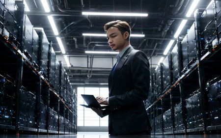 young businessman using digital tablet in modern data center with servers in backgroundの素材