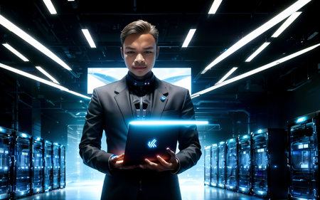 Businessman in black suit using tablet in server room 3D renderingの素材