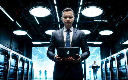 Businessman with a laptop in the server room. Business concept.の素材