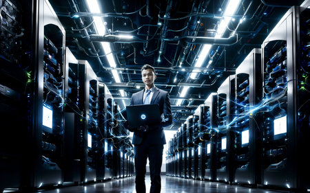 Young businessman with laptop in server room. Mixed media. Mixed mediaの素材