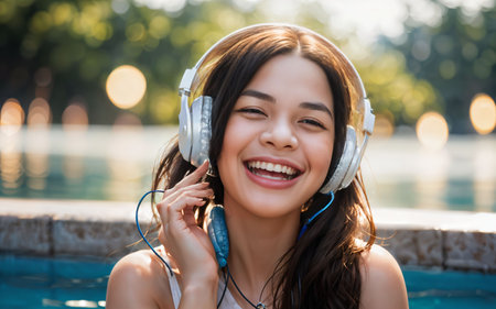 cheerful young asian woman in headphones listening music in swimming poolの素材