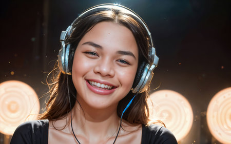 Portrait of a beautiful young asian woman listening to music with headphonesの素材
