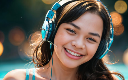 Close up portrait of a beautiful young asian woman listening to music with headphonesの素材