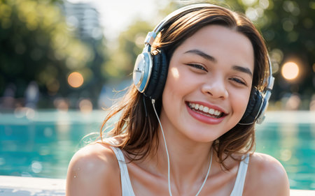 beautiful smiling asian woman in headphones listening music in swimming poolの素材