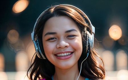 Close up portrait of a happy young woman listening to music with headphonesの素材