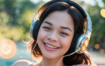 Beautiful asian woman listening music with headphones in the park.の素材