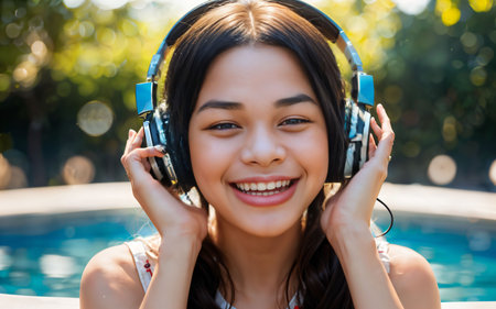 smiling young asian woman in headphones listening music in swimming poolの素材