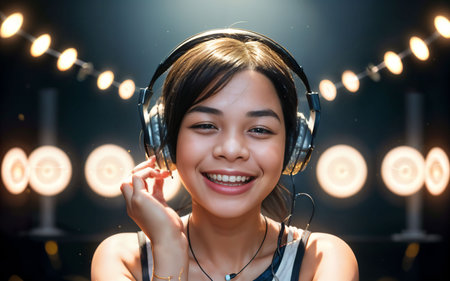 Close up portrait of a beautiful young asian woman listening to music with headphonesの素材