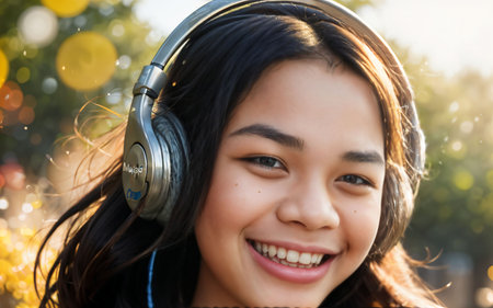 Smiling young asian woman listening to music with headphones in the parkの素材