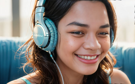 Portrait of a smiling young woman listening to music with headphones.の素材
