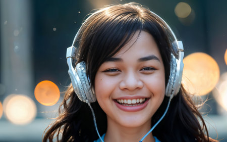 Portrait of a young woman listening to music with headphones in the cityの素材