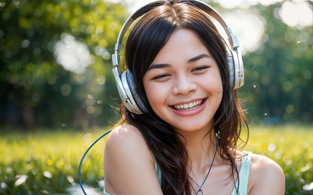 Young asian woman listening to music with headphones in the park.の素材