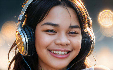 Close up portrait of a beautiful asian girl listening to music with headphonesの素材