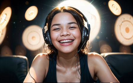 smiling asian girl in headphones listening to music at night clubの素材
