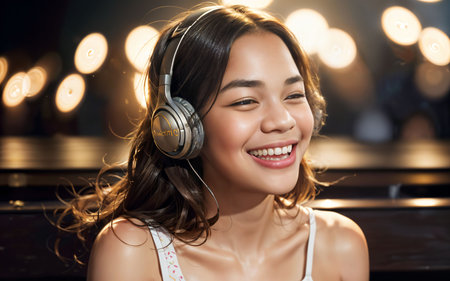 Portrait of a beautiful young asian woman listening to music with headphonesの素材