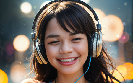 Portrait of a beautiful young asian woman listening to music with headphonesの素材