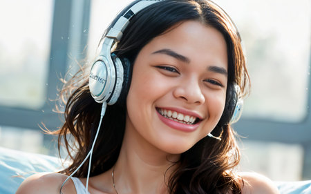 smiling young asian woman in headphones listening to music at homeの素材