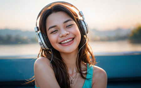 Portrait of a beautiful young woman listening to music with headphones.の素材