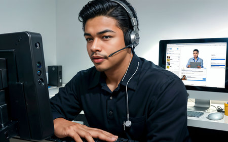 Young asian call center operator in headset working on computer in officeの素材