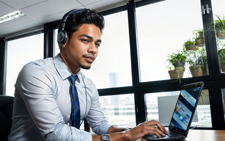 young indian businessman in headphones using laptop and looking away in officeの素材