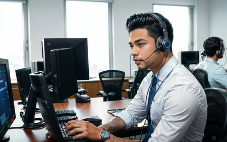 Portrait of call center operator wearing headset working in customer support office.の素材