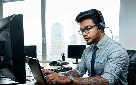 Portrait of a handsome young man wearing a headset while using a computer in an officeの素材