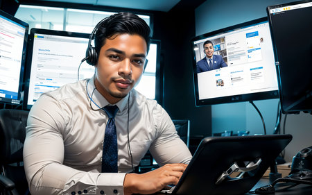 Young asian businessman working in call center office with laptop and headsetの素材