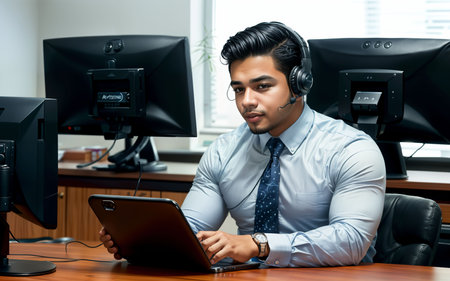 Young Indian male call center operator with headset and tablet in office.の素材