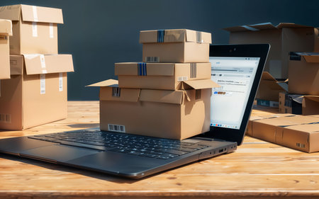 Laptop with cardboard boxes on a wooden table. Online shopping conceptの素材