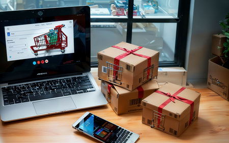 Laptop with online shopping cart and boxes on the table. Online shopping concept.の素材
