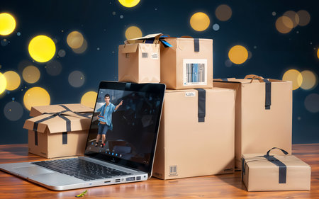 Laptop with parcel boxes on wooden table and bokeh backgroundの素材