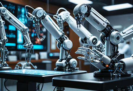 Group of robots working in a modern factory. 3d rendering.の素材