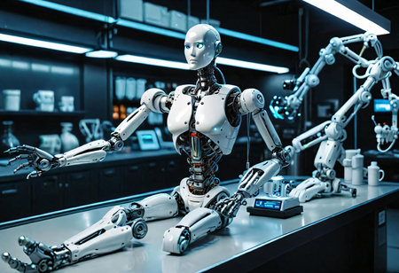 Robot in the laboratory. 3d rendering. artificial intelligence conceptの素材