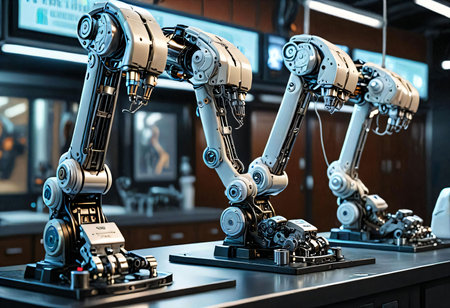 3d rendering robot arm in the exhibition hall of a modern factoryの素材