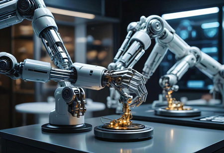3d rendering robotic arm in modern industrial factory. Concept of artificial intelligenceの素材