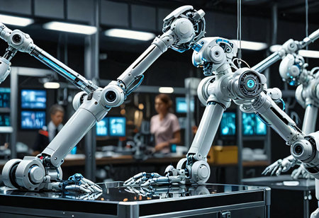 Industrial robot working in the factory. 3D rendering robot working in factoryの素材