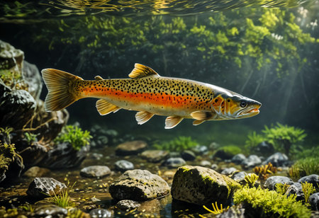Colorful rainbow trout swimming in the water. Fish in the aquarium.の素材