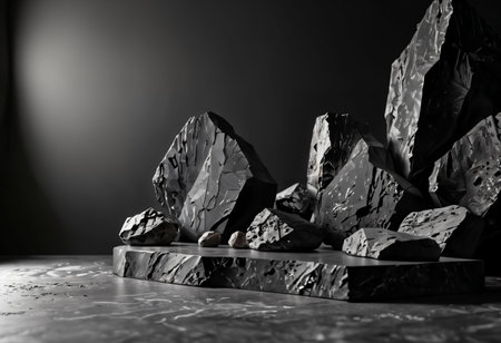 Abstract black and white composition with stones on dark background. 3d renderの素材