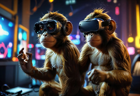 Two monkeys playing video games with virtual reality headsets. 3D rendering.の素材