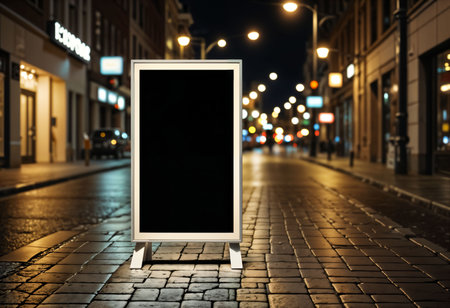 Blank black signboard on the street at night. Mock up, 3D Renderingの素材