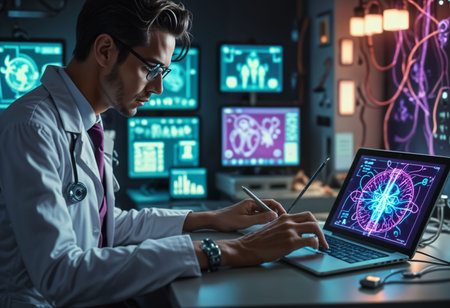 doctor with stethoscope working on laptop computer and brain hologramの素材