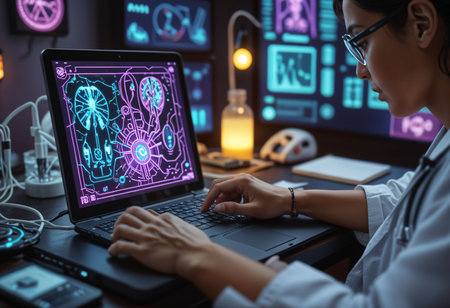 asian female doctor using laptop with brain hologram on screen at nightの素材