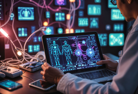 Close-up of female scientist working with futuristic interface on laptop in laboratoryの素材