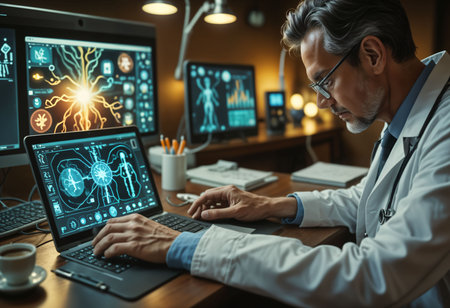 Doctor working on computer in his office. Medicine and healthcare concept.の素材