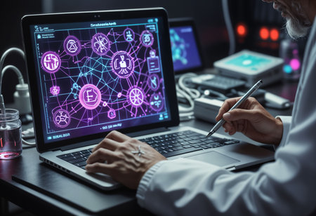 Businessman using laptop with blockchain concept on screen. 3D rendering.の素材