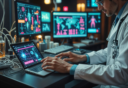 close up of doctor working on laptop computer with medical interface on screenの素材
