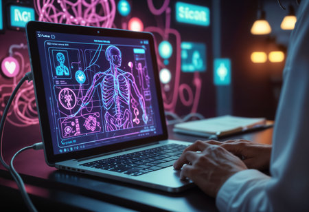 Doctor working on laptop with medical hologram. Medicine and healthcare concept. 3D Renderingの素材