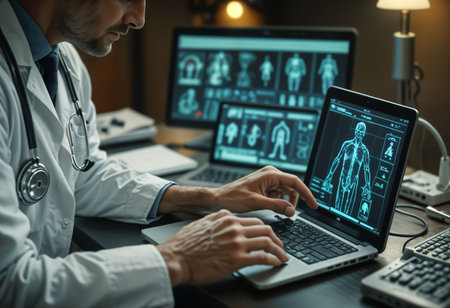 Doctor working on laptop computer with x-ray image on the screenの素材